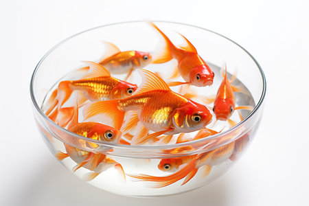 Goldfish in a bowl on a white background, close-upの素材