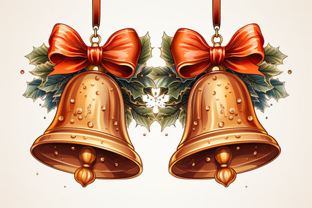 Christmas bells with bow and holly berry, vector illustration.の素材