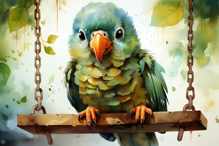Green parrot sitting on a swing. Watercolor painting illustration.の素材