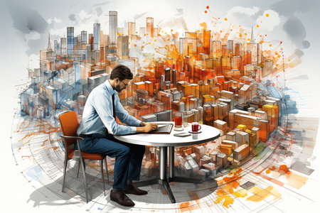 Businessman sitting at table and thinking about big city. Mixed mediaの素材
