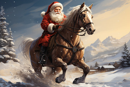 Santa Claus rides a horse in the winter forest. Christmas and New Year concept.の素材