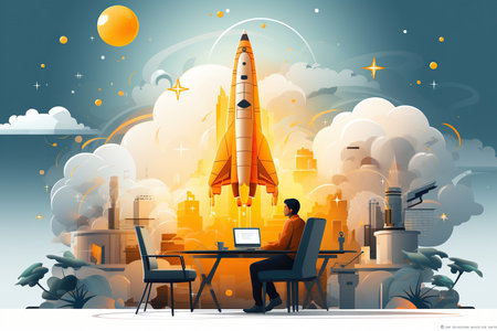 Businessman working on laptop and rocket in the city. Vector illustrationの素材