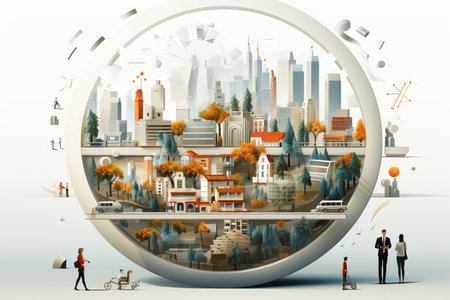 Conceptual image of modern city with people standing in front of globeの素材