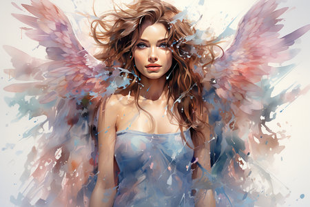 Portrait of a beautiful girl with angel wings. Beauty, fashion.の素材