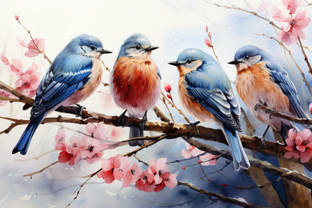 Three blue birds on a branch of a blossoming sakura.の素材