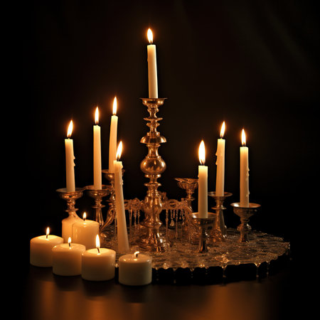 Candles and candlestick on black background. Copy space.の素材