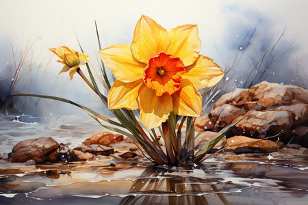 Beautiful daffodils on the background of water. Digital painting.の素材