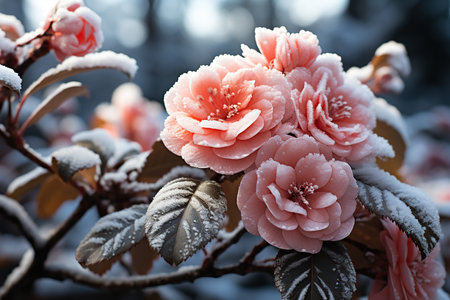 Camellia flowers covered with hoarfrost, closeupの素材