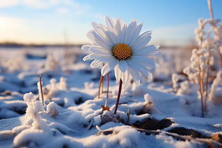 White daisy flower on a field covered with snow at sunset.の素材