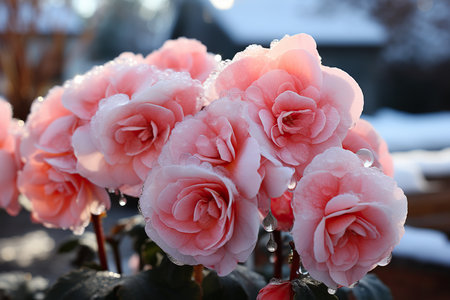 Beautiful pink begonia flowers in the winter garden, closeupの素材