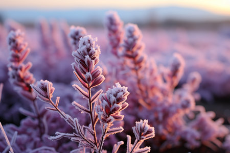 Frozen plants in the field at sunset. Beautiful winter landscape.の素材