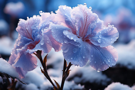 Beautiful blue iris flowers with dew drops close up.の素材