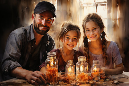 Happy family with candles and autumn leaves in a rustic style.の素材