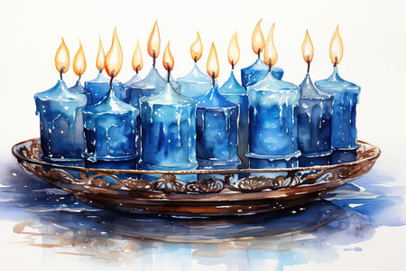 Blue wax candles on a tray with reflection on the water surface.の素材