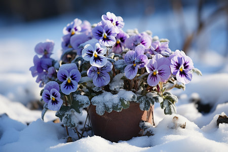 Pansy flowers in a clay pot on a background of snowの素材