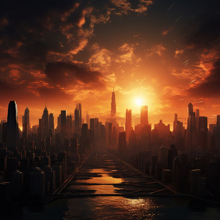 Dramatic sunset over the city. 3d render illustration.の素材