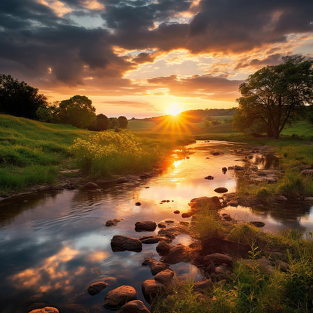 Sunset over a stream in the countryside. Beautiful summer landscape.の素材