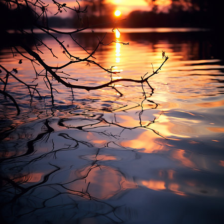 Reflection of the sun in the water at sunset. Nature backgroundの素材