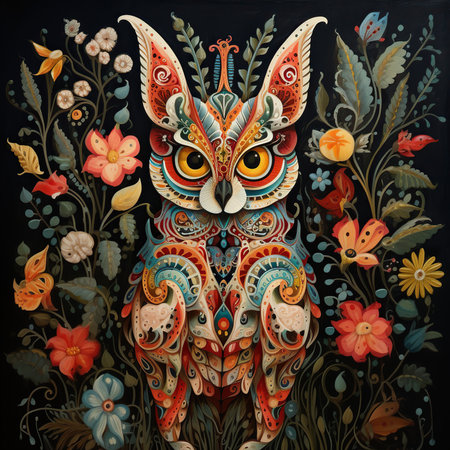 Hand drawn owl with floral ornament on black background. Vector illustration.の素材