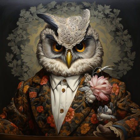 Owl in a suit with a bouquet of flowers on a dark backgroundの素材