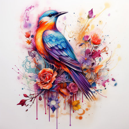Colorful bird with flowers on a white background. Vector illustration.の素材