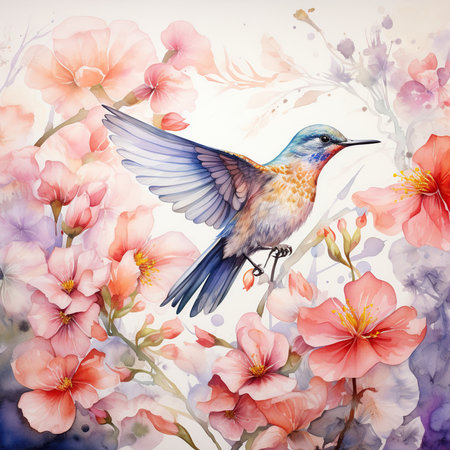 Watercolor hand drawn bird with sakura flowers. Floral background.の素材