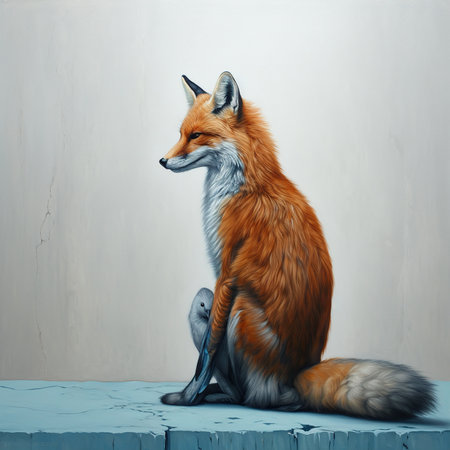 Red fox sitting on a blue piece of wood. 3d renderingの素材