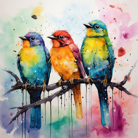 Watercolor painting of a group of colorful birds sitting on a branchの素材