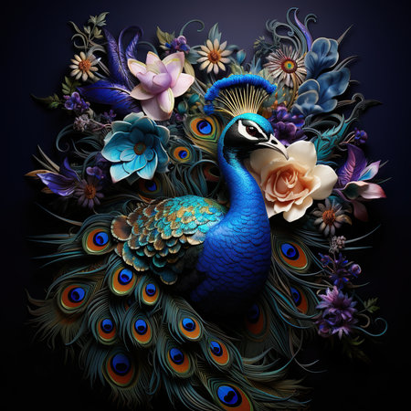 Beautiful peacock with flowers on a black background. 3d renderingの素材