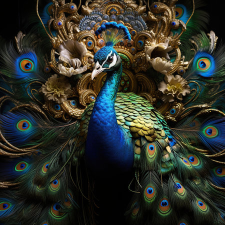 Beautiful peacock with peacock feathers on black background. 3D renderingの素材