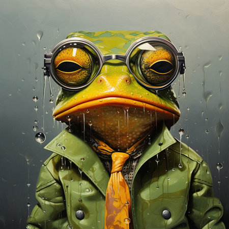 Funny frog in raincoat and aviator glasses with raindropsの素材