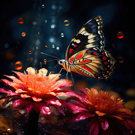 Butterfly on a flower with drops of water on a dark backgroundの素材