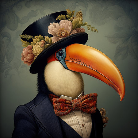 Toucan in a hat and bow tie on a dark backgroundの素材
