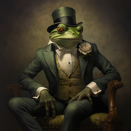 Frog in a suit and top hat sitting in an armchairの素材