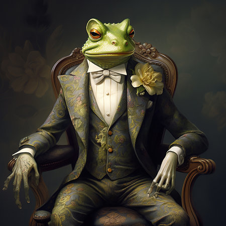 Frog sitting on an armchair in a suit and bow tieの素材