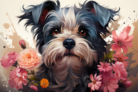 Portrait of a Yorkshire Terrier with flowers. Vector illustration.の素材