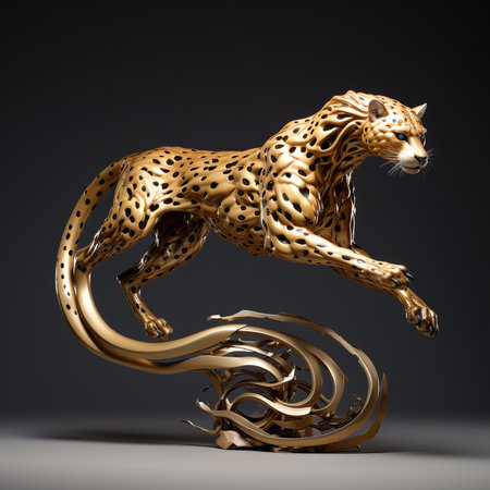 3d rendering of a golden leopard on a black background.の素材