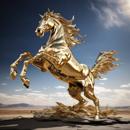 Golden horse in the desert. 3d render. Computer digital drawing.の素材