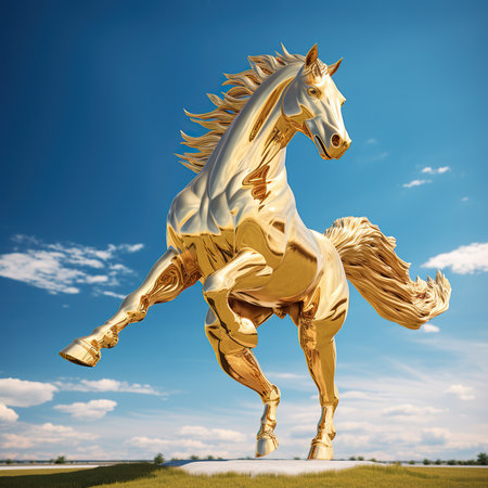 golden horse in the field against blue sky. 3d renderingの素材