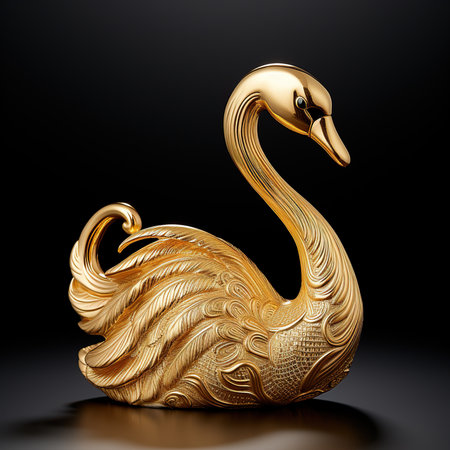 Golden swan on a black background. 3d render illustration.の素材