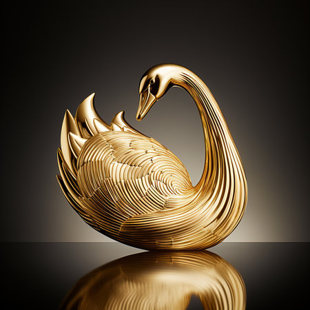 golden swan on a black background. 3d illustration.の素材