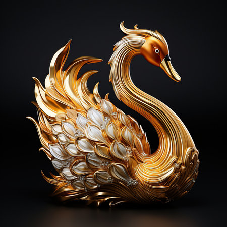 Golden swan statue on black background. 3d render illustration.の素材