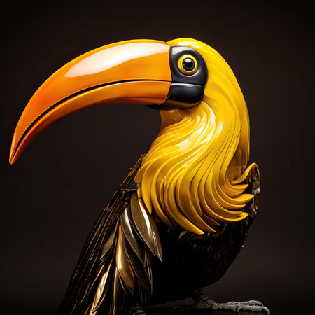 Toucan statue on a dark background. Yellow and black colors.の素材