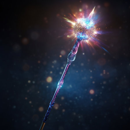 Magic wand with sparkles and bokeh effect on black backgroundの素材