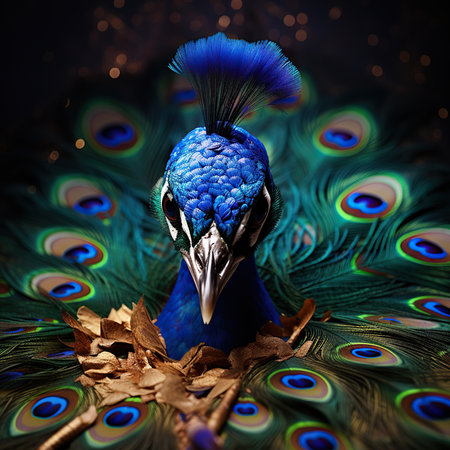 Beautiful peacock with feathers and leaves on dark background, closeupの素材