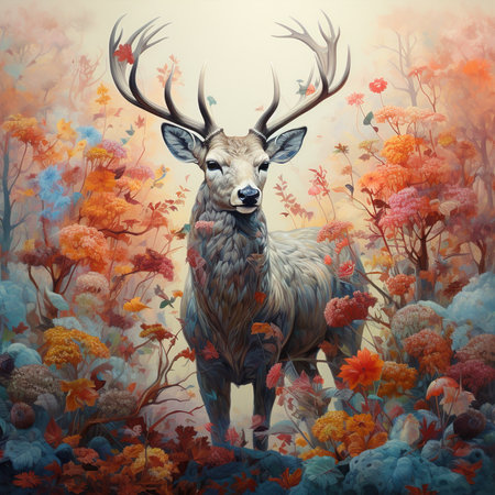 Digital painting of a deer in the autumn forest. Digital painting.の素材