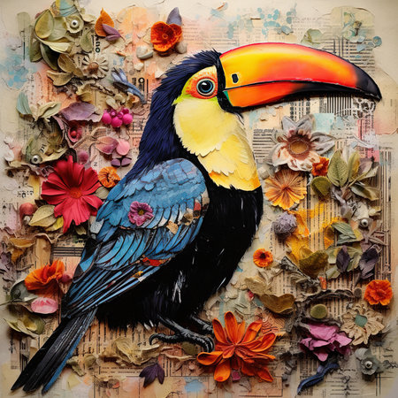 Toucan with flowers on grunge background. Collage.の素材