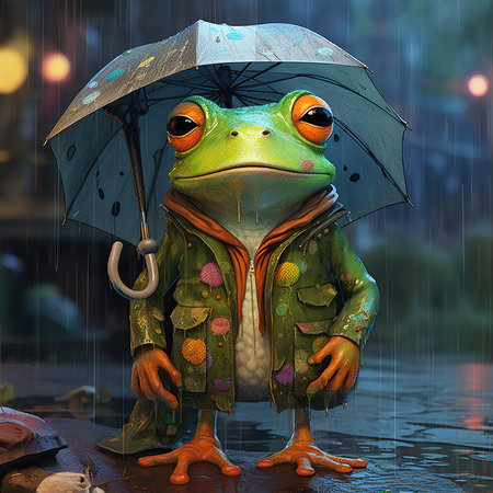 Frog in raincoat with umbrella. 3d render illustration.の素材
