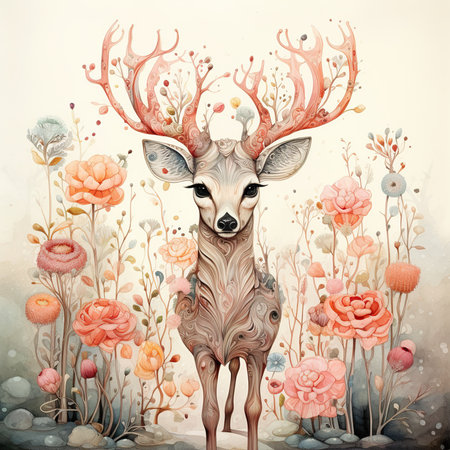 Beautiful deer in the forest with flowers. Watercolor illustration.の素材