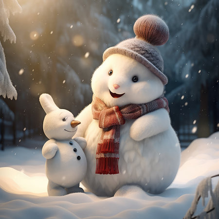 3d illustration of snowman and snowman in the winter forestの素材
